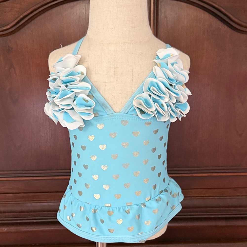 Floatimini Gold Heart Swimsuit 2T Blue Ruffle One Piece Toddler Girl